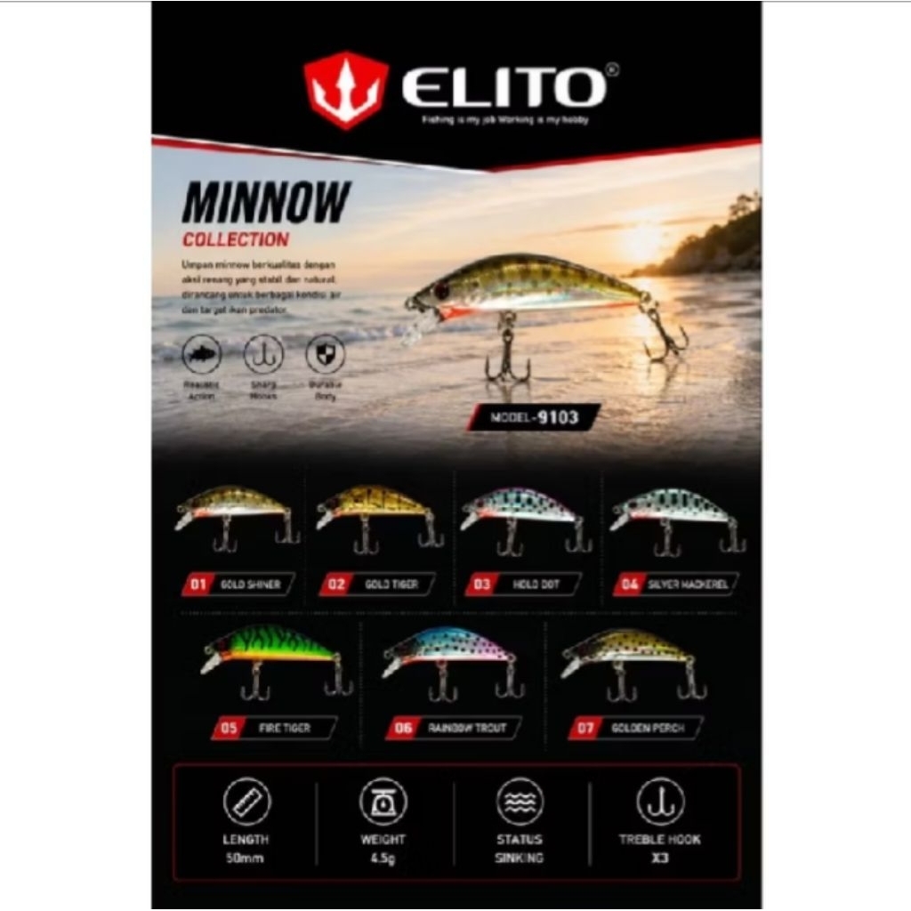Elito minnow Sinking type 9103 umpan ikan berkualitas dengan aksi renang stabil.