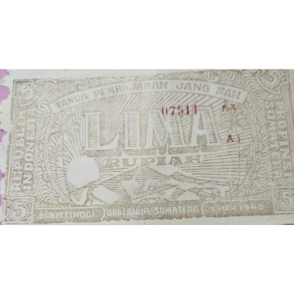 uang Orida Republik Indonesia Bukit tinggi Sumatra tahun 1948 nominal 5 rupiah kondisi sedikit gerip