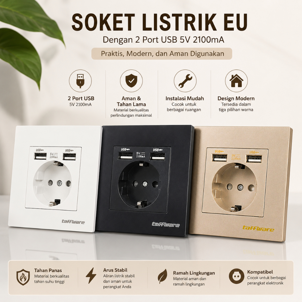 Taffware Stop Kontak EU Colokan Listrik Dinding dan 2 Port USB 2100 mA Colokan Dinding WS222
