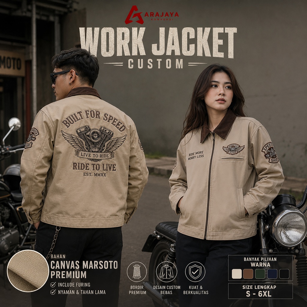Work Jacket Custom Bordir Canvas Marsoto 280gr Premium | Jaket Kerja Custom Semi Boxy Vintage Classi
