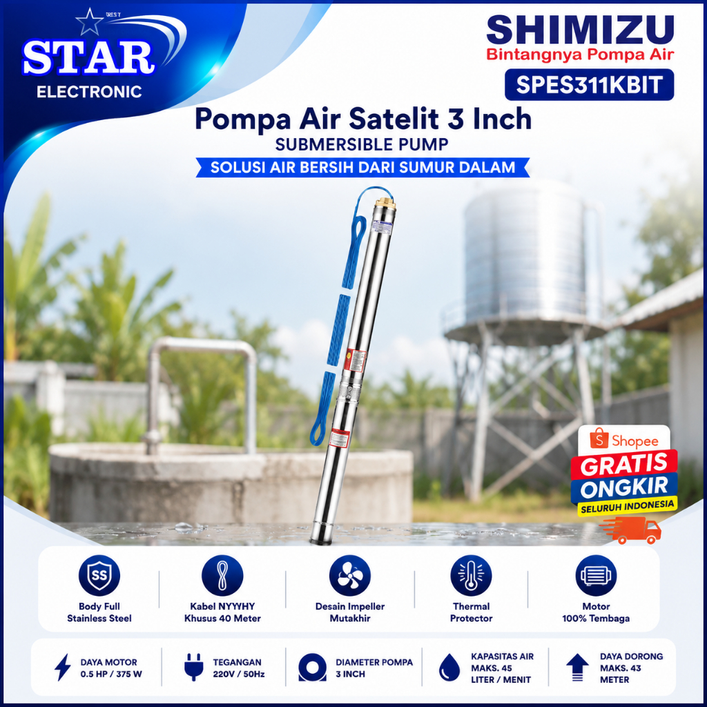 SHIMIZU POMPA AIR SATELIT SPES311K BIT 0.5 HP + KABEL/SPES-311K BIT/SPES 311 KBIT/SHIMIZU SPES311KBI