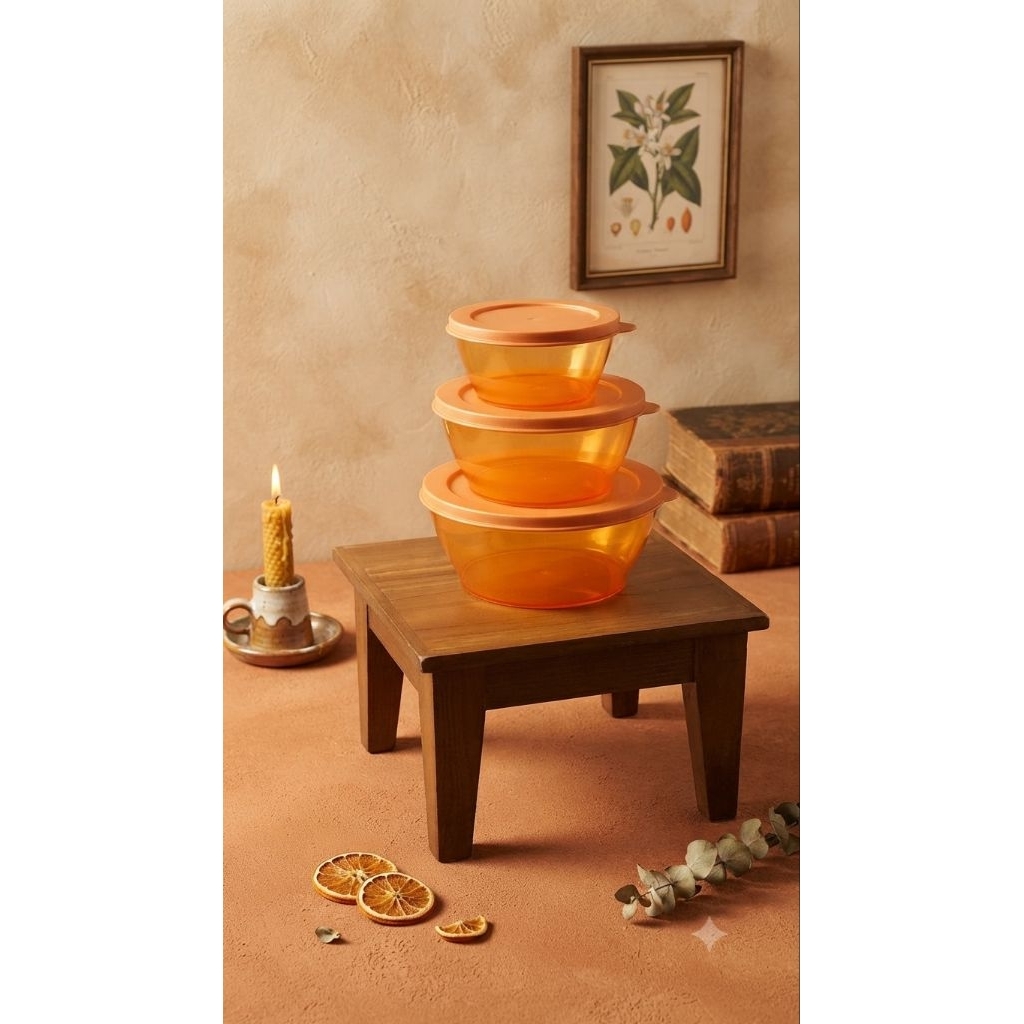 Tupperware Clear Bowl Set 3 Gold Crystal 290ml- 610ml - 990ml - Si "Triade Kristal Sultan"*  set man