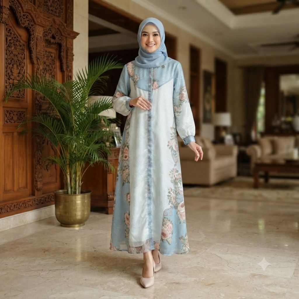 Gamis Bahan Sifon Motif Bunga-Bunga berkombinasi