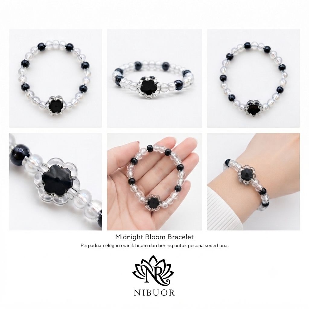 Gelang Manik-manik FLORA Gelang wanita Gelang Manik Kilau Bunga Hitam