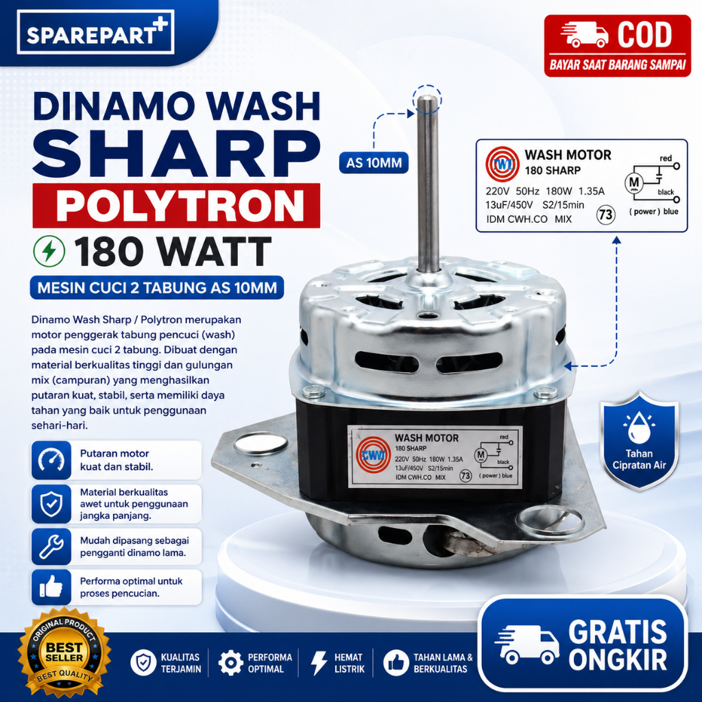 DINAMO WASH SHARP POLYTRON 180 Watt As 10mm Dinamo Pencuci Mesin Cuci 2 Tabung Motor Wash Universal 
