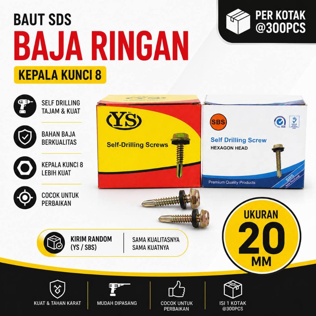 PERKOTAK - Baut SDS Baja Ringan Seng Roofing YS SBS 20 MM / Self Drilling Screw