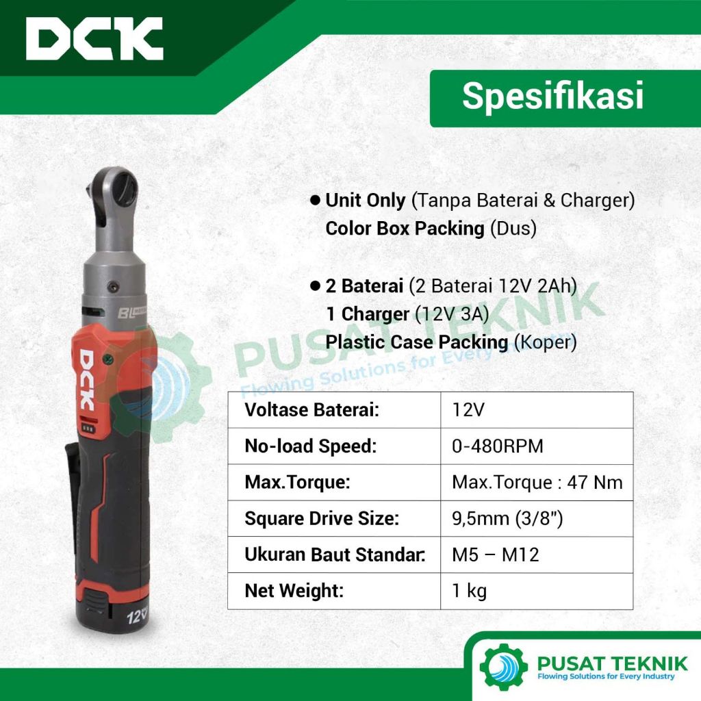 Kunci Sock Rachet DCK KDPB05-10 Cordless Brushless Ratchet Wrench