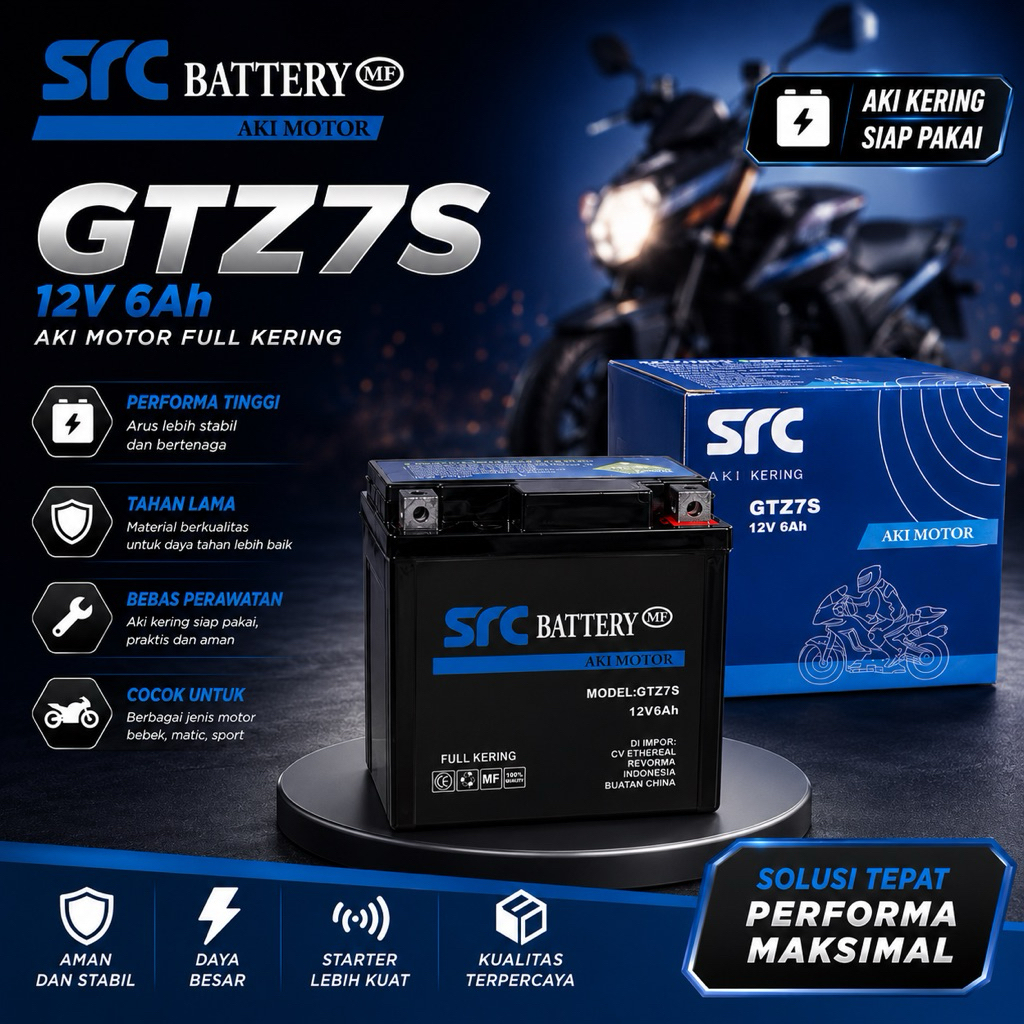 Baterai Motor SRC GTZ7S / Aki Motor SRC GTZ7S / SRC Battery GTZ7S MF Aki Motor Full Kering 12V 6Ah M