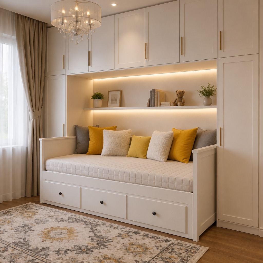 Dipan Tempat tidur Sorong replika IKEA Duco putih minimalis modern