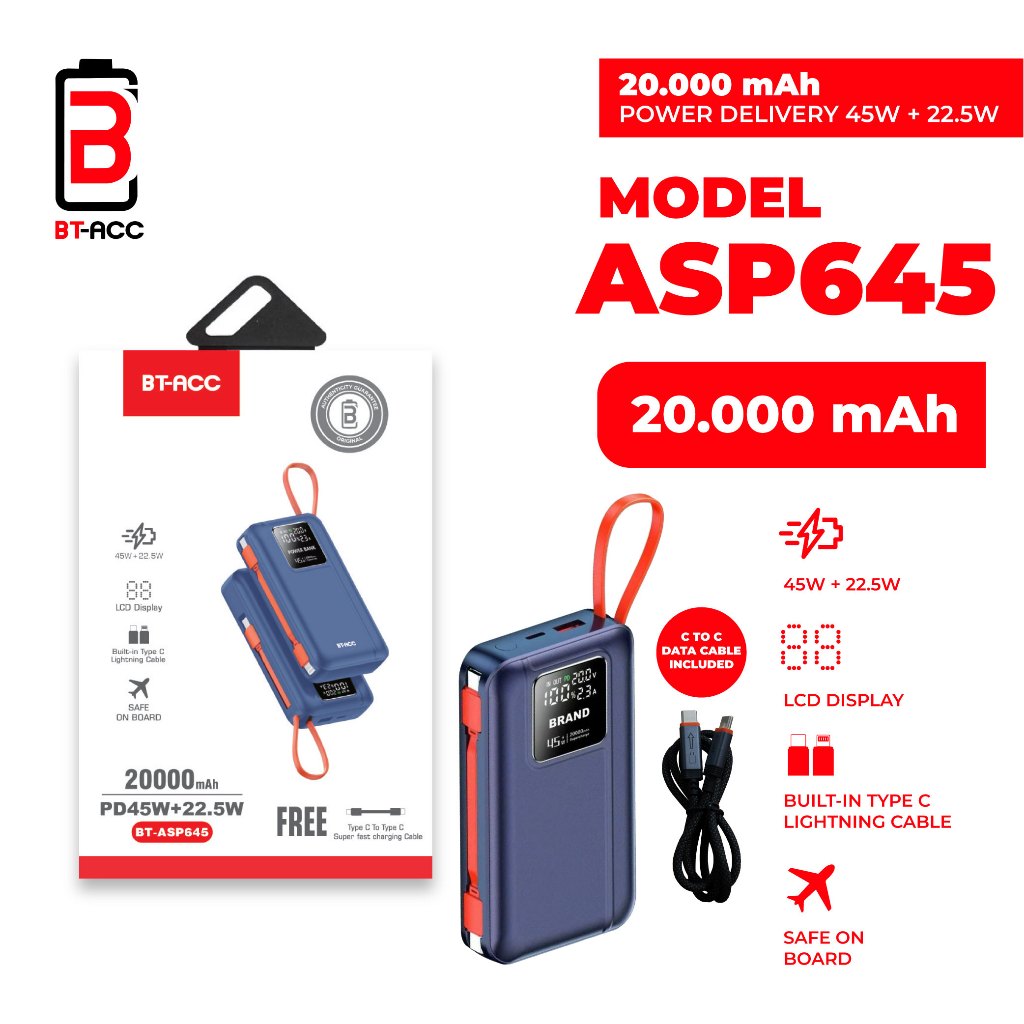 MJ - BT ACC BT-ASP645 Power Bank 20000mAh Support Power Delivery 45W Fast Charging - Blue
