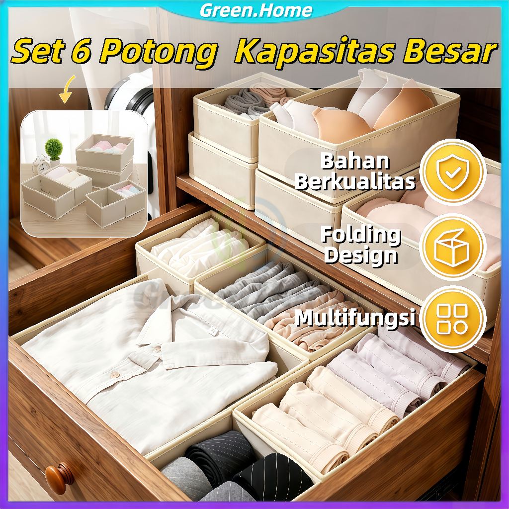Momwell Kotak Penyimpanan Serbaguna Set Isi 6 Storage Box Organizer Kain Sekat Lemari Laci Organizer
