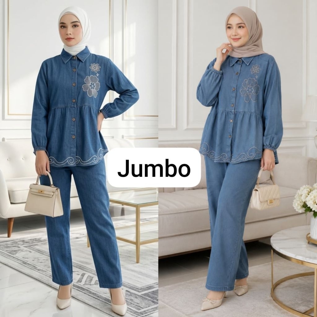 Setcel Jumbo jeans/levis model atasan babydol bordir bunga kekinian terbaru