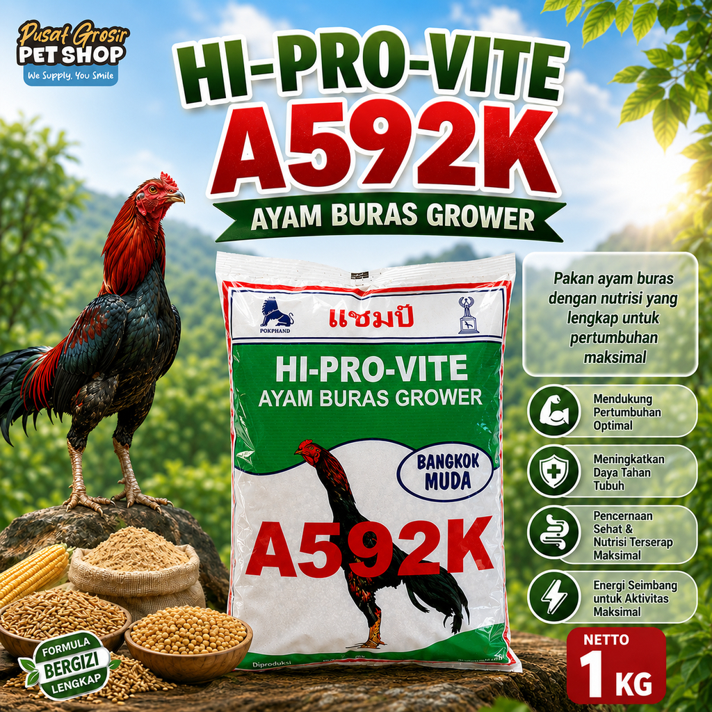 PGP | Pokphand HI-PRO-VITE A592K Pakan Ayam Buras Grower Bangkok Muda 1 kg - Pakan Ayam Bangkok Muda