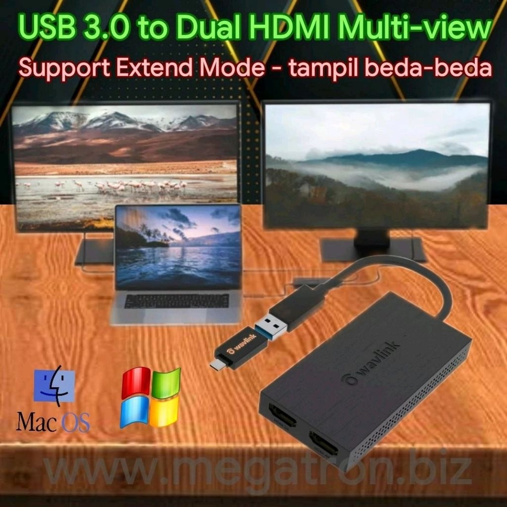 USB 3.0 to Dual HDMI - untuk extend display ke 2 Monitor - Support M1 M2 M3 Chip