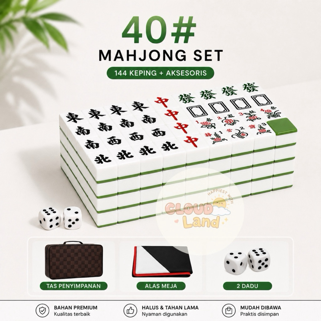 Mahjong Set 40 mm 144 Keping + Aksesoris | Tile Besar Premium