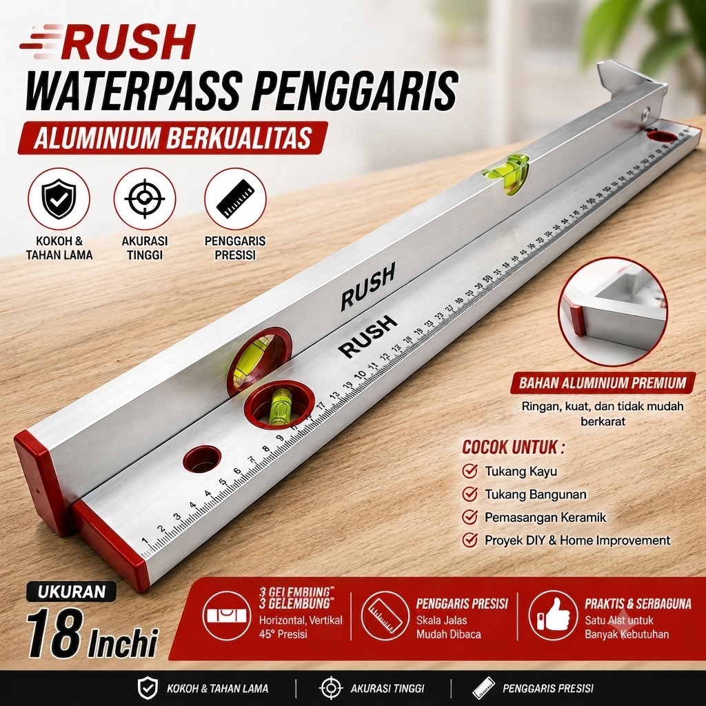 RUSH Waterpass Penggaris Aluminium 18 Inchi Per 1 Pcs - Sipat Air Waterpass + Penggaris Multifungsi,