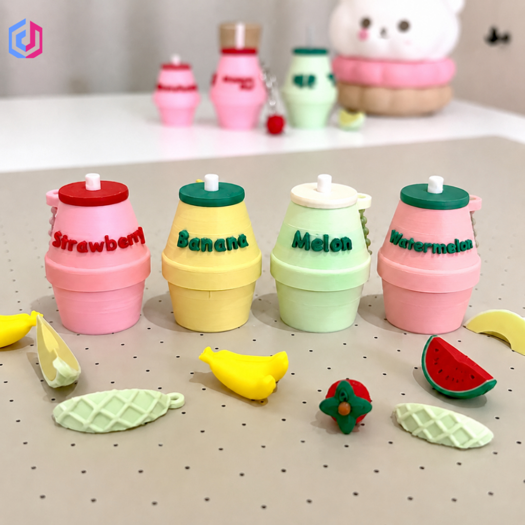 Gantungan Kunci Susu Rasa Mini – Mainan Klik Anti Stres Stroberi Pisang Melon Semangka