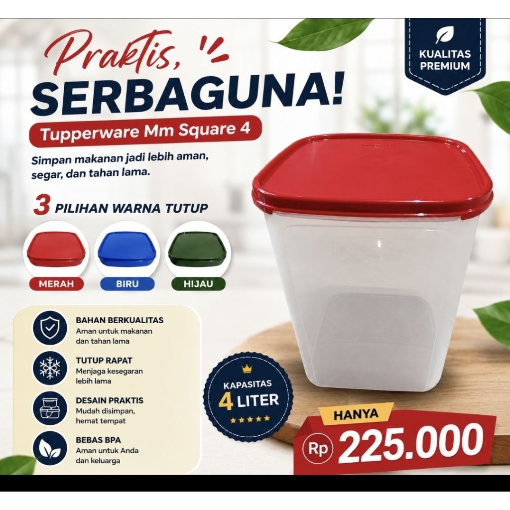 Tupperware MM Square 4 4L Wadah Penyimpanan Makanan BPA Free Food Grade Original