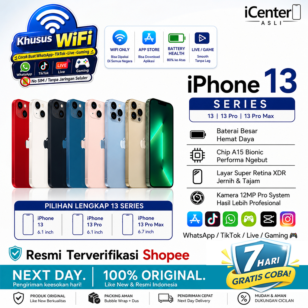 iPhone 13 WiFi ONLY Version Original Second | 13 PRO & 13 PRO MAX | Full Function | WhatsApp TikTok 