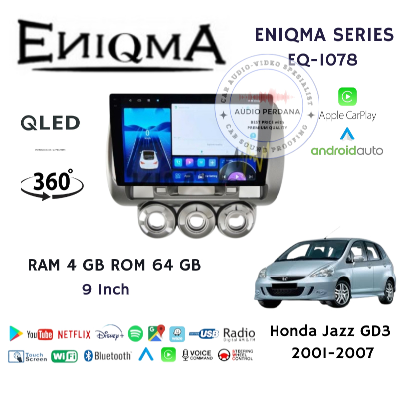 Headunit Android Jazz GD3 GD 3 2001-2007 9 Inch ENIQMA EQ-1078 Ram 4gb Rom 64gb QLED