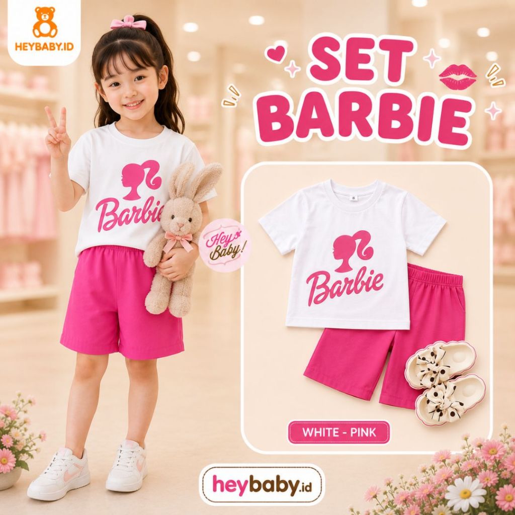 HEYBABY SET BARBIE Setelan Kaos Anak Bayi Perempuan / Set Anak Perempuan Lengan Pendek