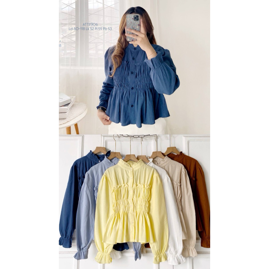 [BISA COD] ATT2306 Blus Linen Kerah Shanghai Smocked Blouse Korean Vintage Style