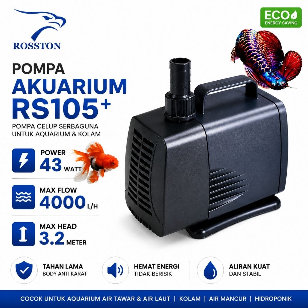 Pompa Aquarium Kolam 4000Lh Low Watt Submersible Pump Rosston RS 105+