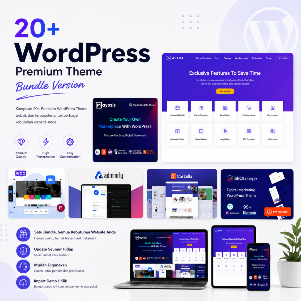 Bundle 20+ WordPress Premium Theme – Bisnis, eCommerce, Blog, News, LMS + Tools Siap Pakai