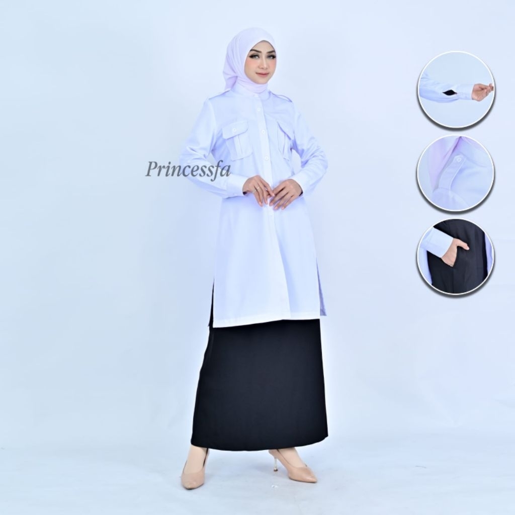 Seragam Princessfa Putih Tunik P3K Wanita NON PURING , Seragam PNS , ASN ,Baju Kerja Putih Tunik NON