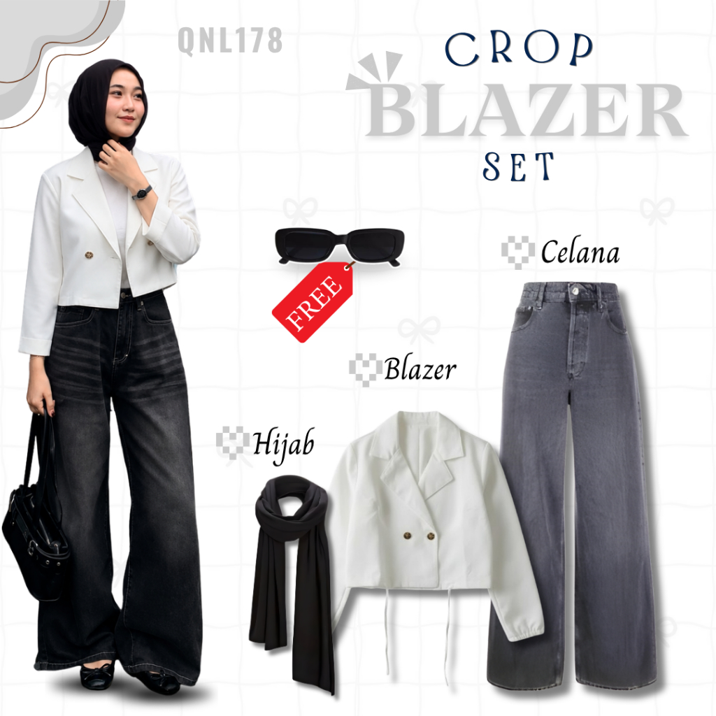 Set Blazer Crop Wanita Putih Celana Kulot Jeans Snow Black Pashmina Jersey Dan Kacamata Hitam | QNL1