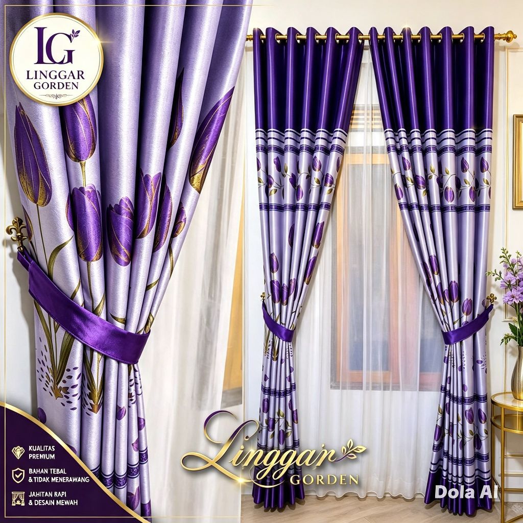 Hordeng Jendela Pintu Kain Blackout Tebal Motif bunga Tulip Warna Ungu Coklat