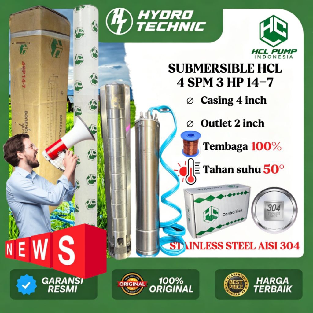 SUBMERSIBLE HCL 4 SPM 3 HP 14-7 OUTLET 2 INCH 3 PHASE ORIGINAL HCL