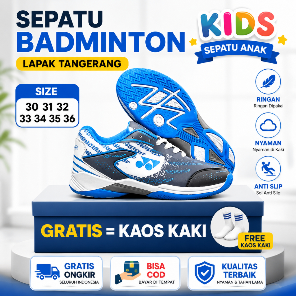 SEPATU badminton anak lining saga kids 30 31 32 33 34 35 36 olahraga sol karet berdenyit