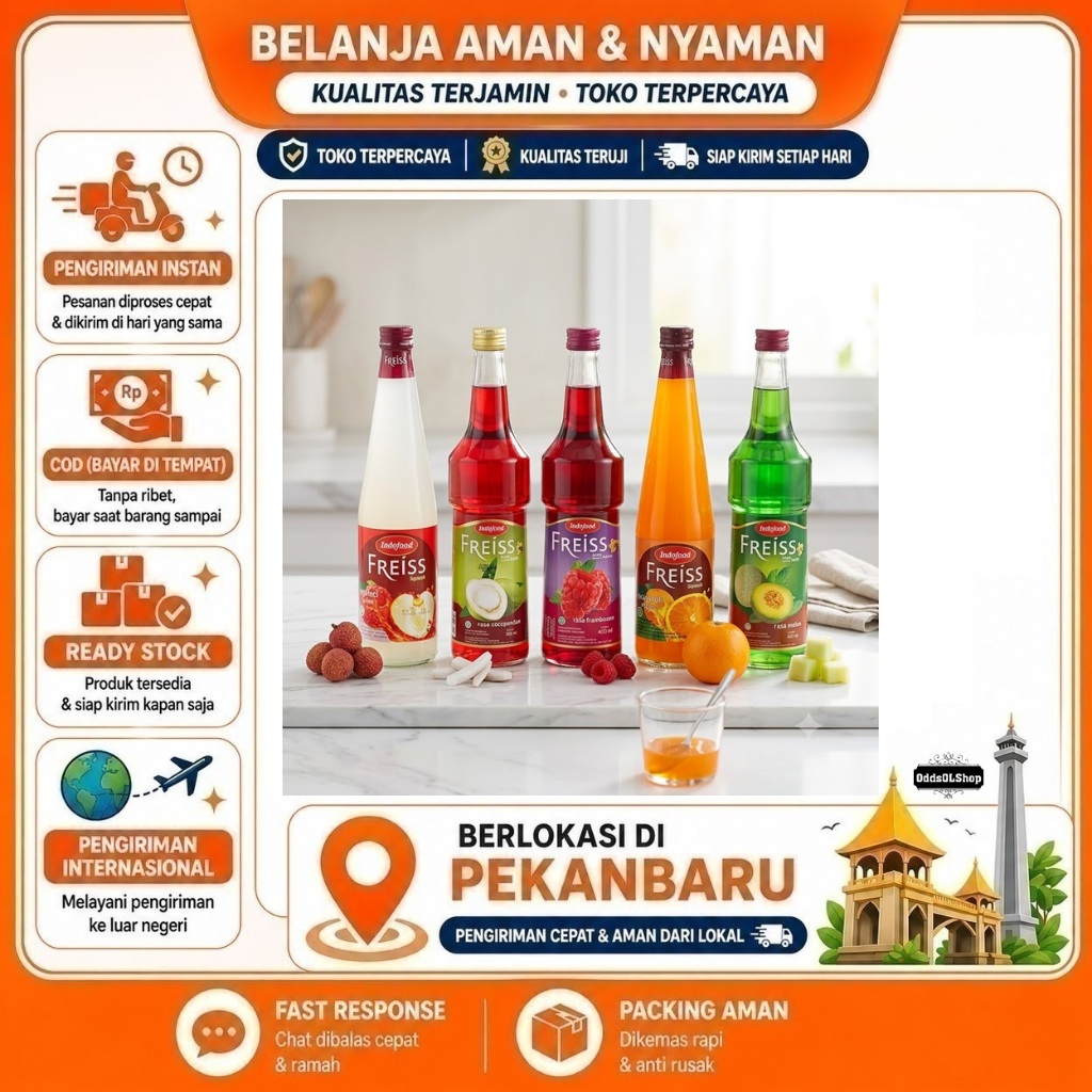Indofood Freiss Squash Minuman Sirup Rasa Buah Segar Frambozen, Cocopandan, Jeruk, Leci, Melon 460ml