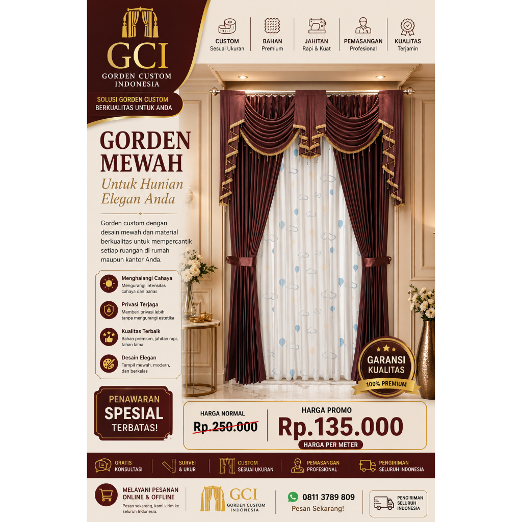 Gorden Poni Gelombang Sepanyol 1 Set Embos Import Floral Classic Coklat Tua Cream