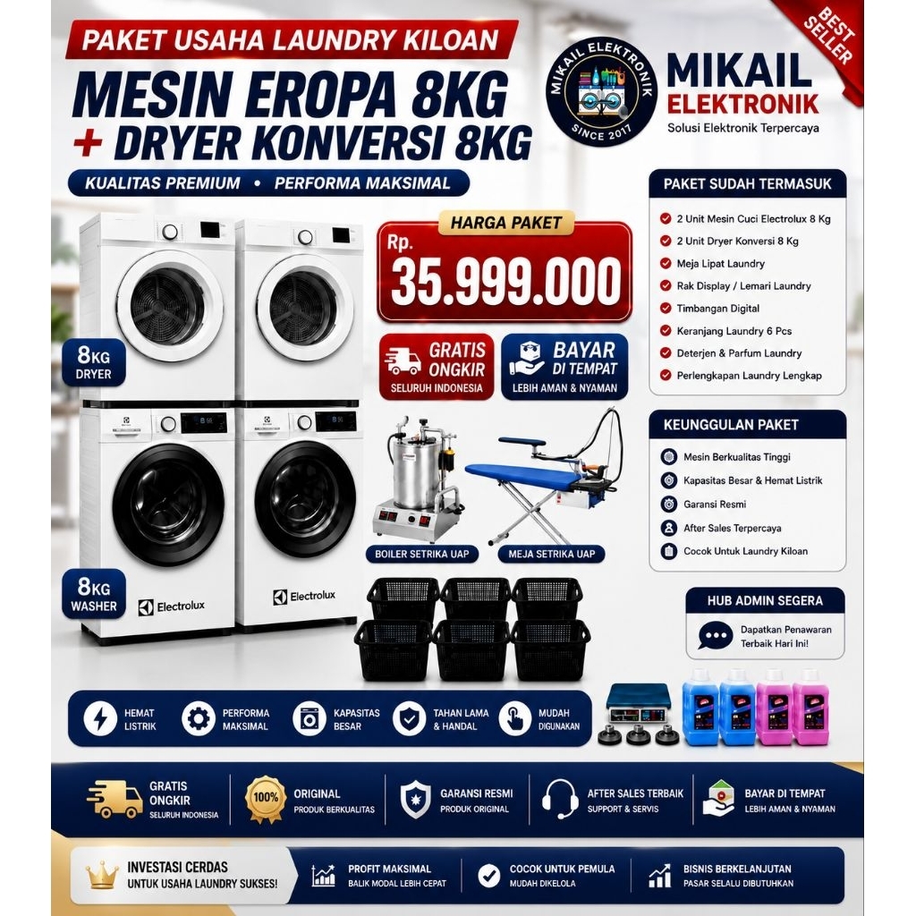 PAKET MESIN LAUNDRY KILOAN PEMULA 2 SET MESIN CUCI FRONT LOADING ELECTROLUX DRYER EROPA