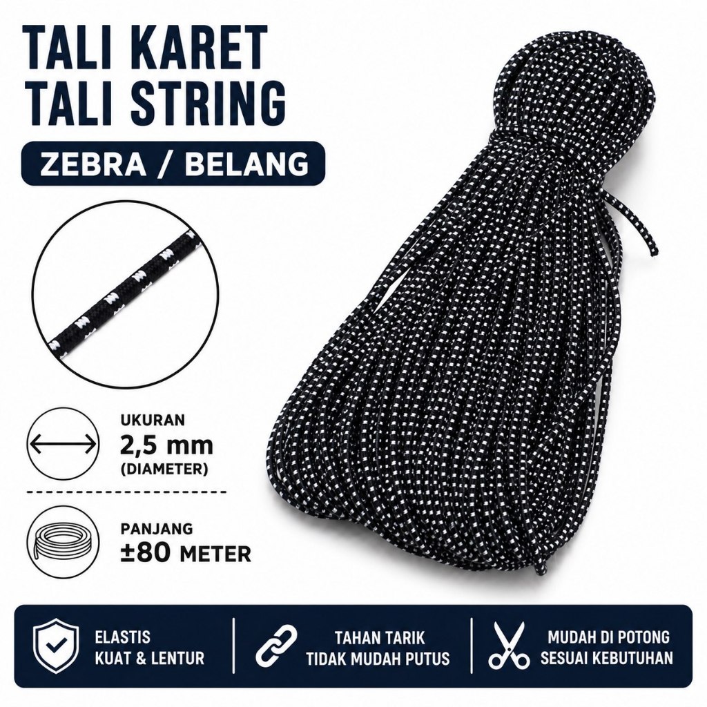 Karet String 2,5 mm/3 mm @80 meter Tali Karet Elastis Celana Jaket Bulat 2,5mm 3mm Tali Tas Map