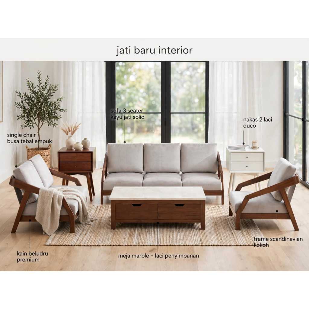 Sofa Tamu Jati Set 5 Seater Scandinavian + Meja Marble 2 Laci + 2 Nakas - Sofa Ruang Tamu Kayu Jati 