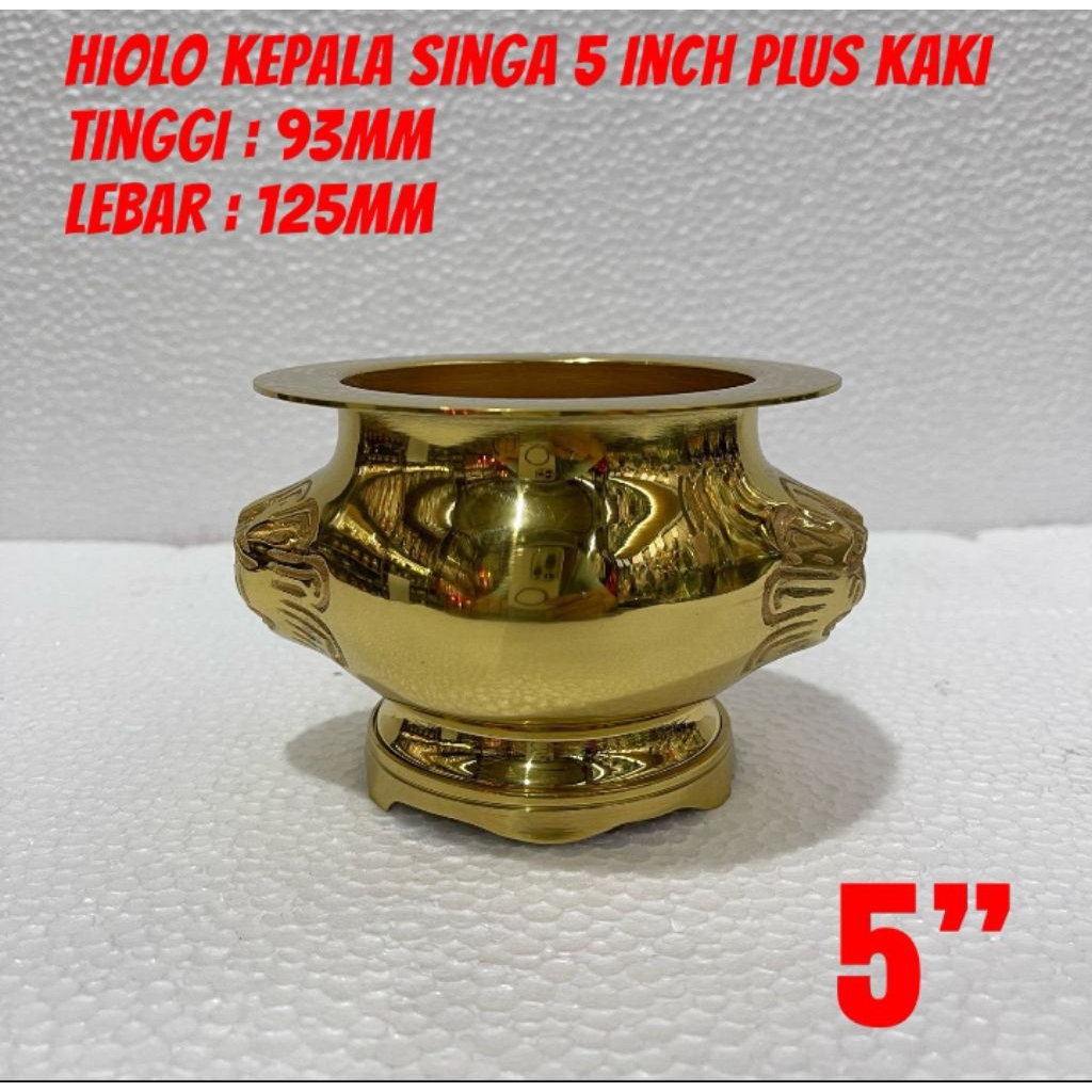 hio lo / hiolo / hiu lo / tempat dupa - kuningan - kepala singa - 5inch - kaki