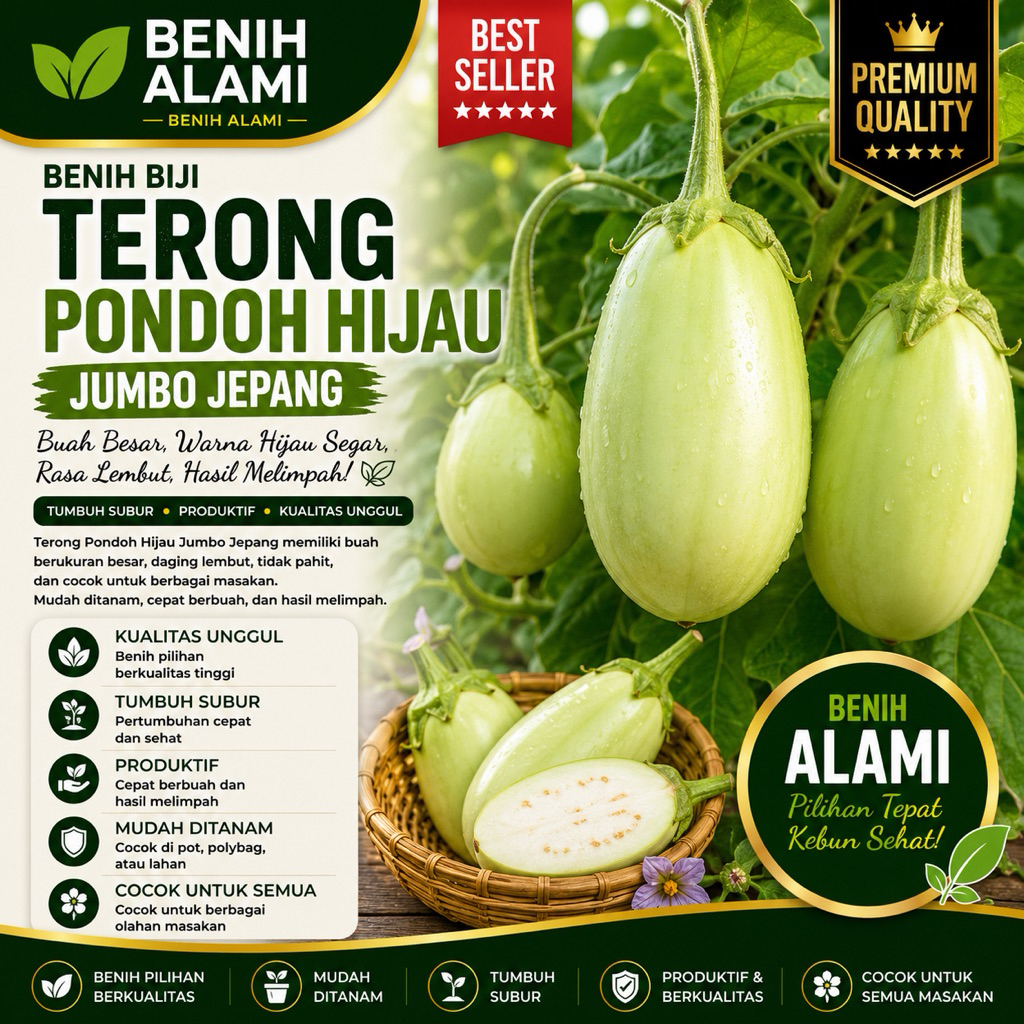 10 Butir  Benih Biji Terong Pondoh Hijau  Terong Hijau Jumbo Jepang