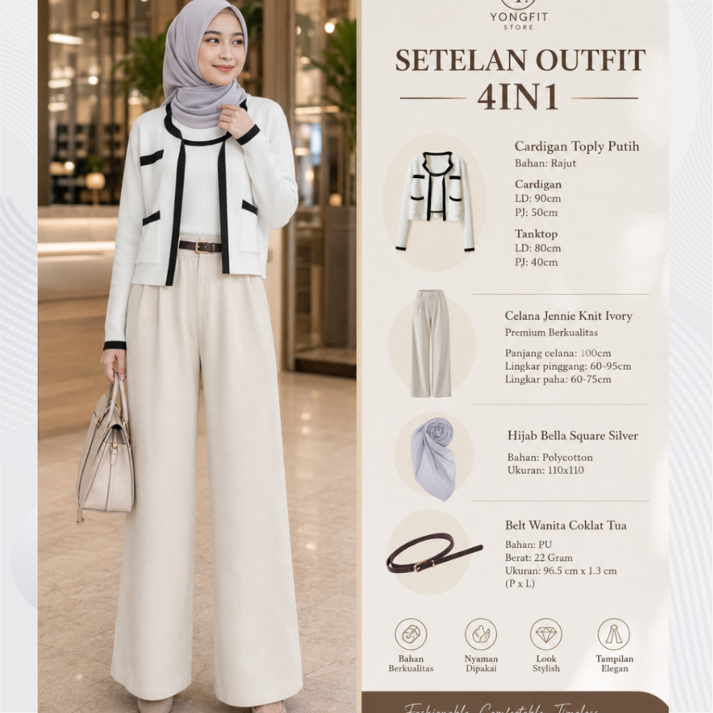 Setelan 4in1 Wanita Korean Styl || Cardigan Toply Rajut + Tanktop + Celana Jennie Knit Ivory + Hijab