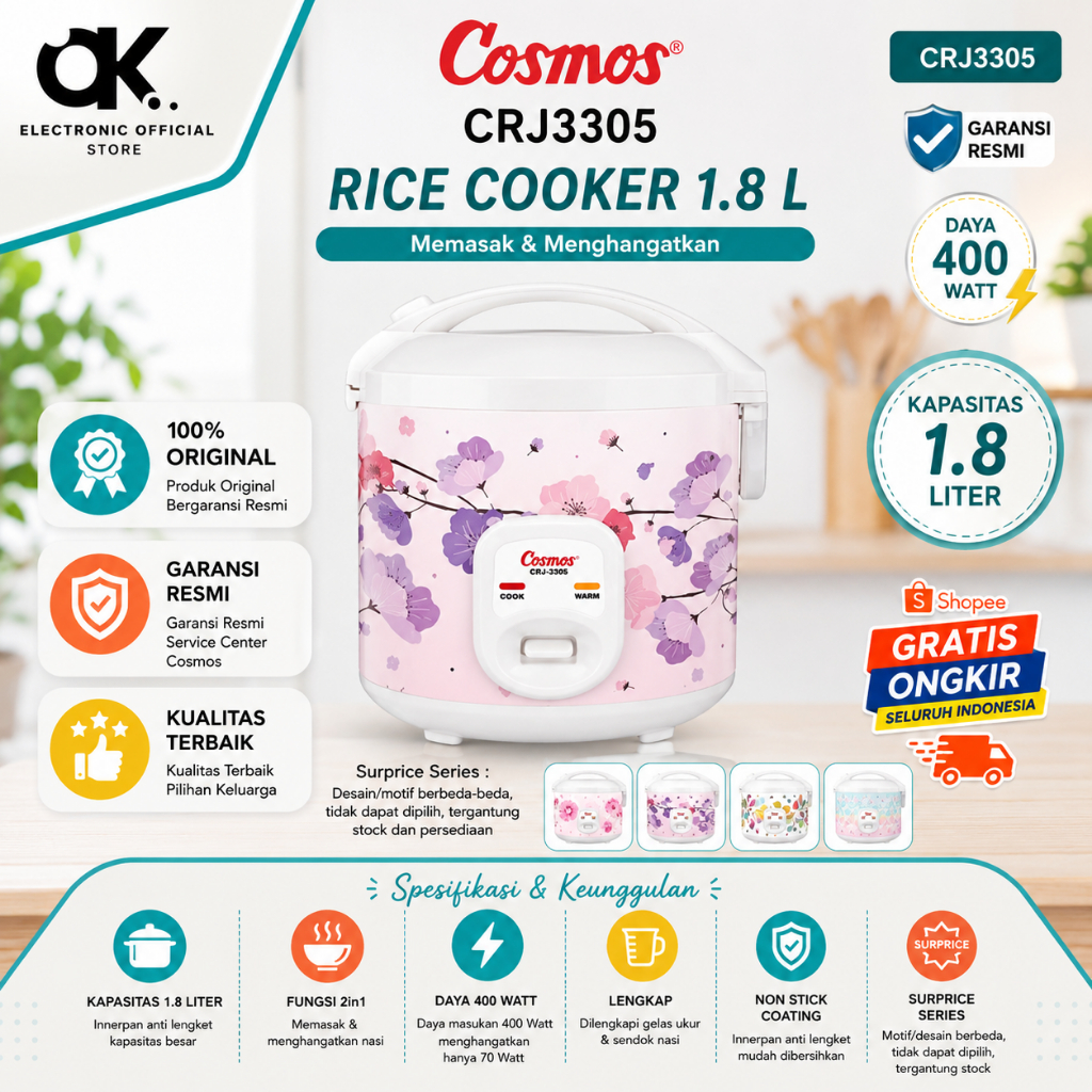 Cosmos Rice Cooker 1.8L CRJ-3305/CRJ3305/CRJ3305/CRJ 3305/CRJ-3305/CRJ 3305 Anti Lengket