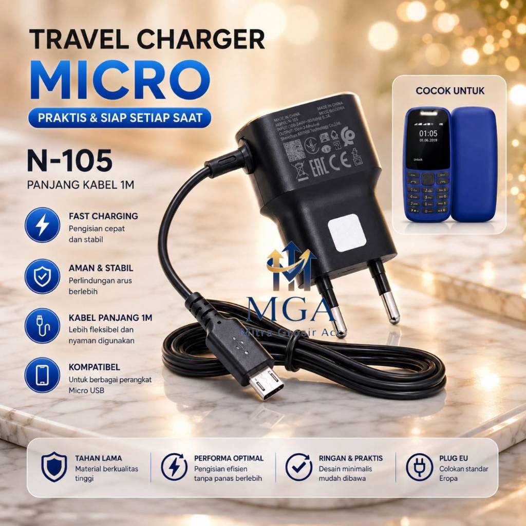 MGA - Charger N-105 Micro Kompatibel Hp Nokia Lumia Asha Real IC Casan Universal