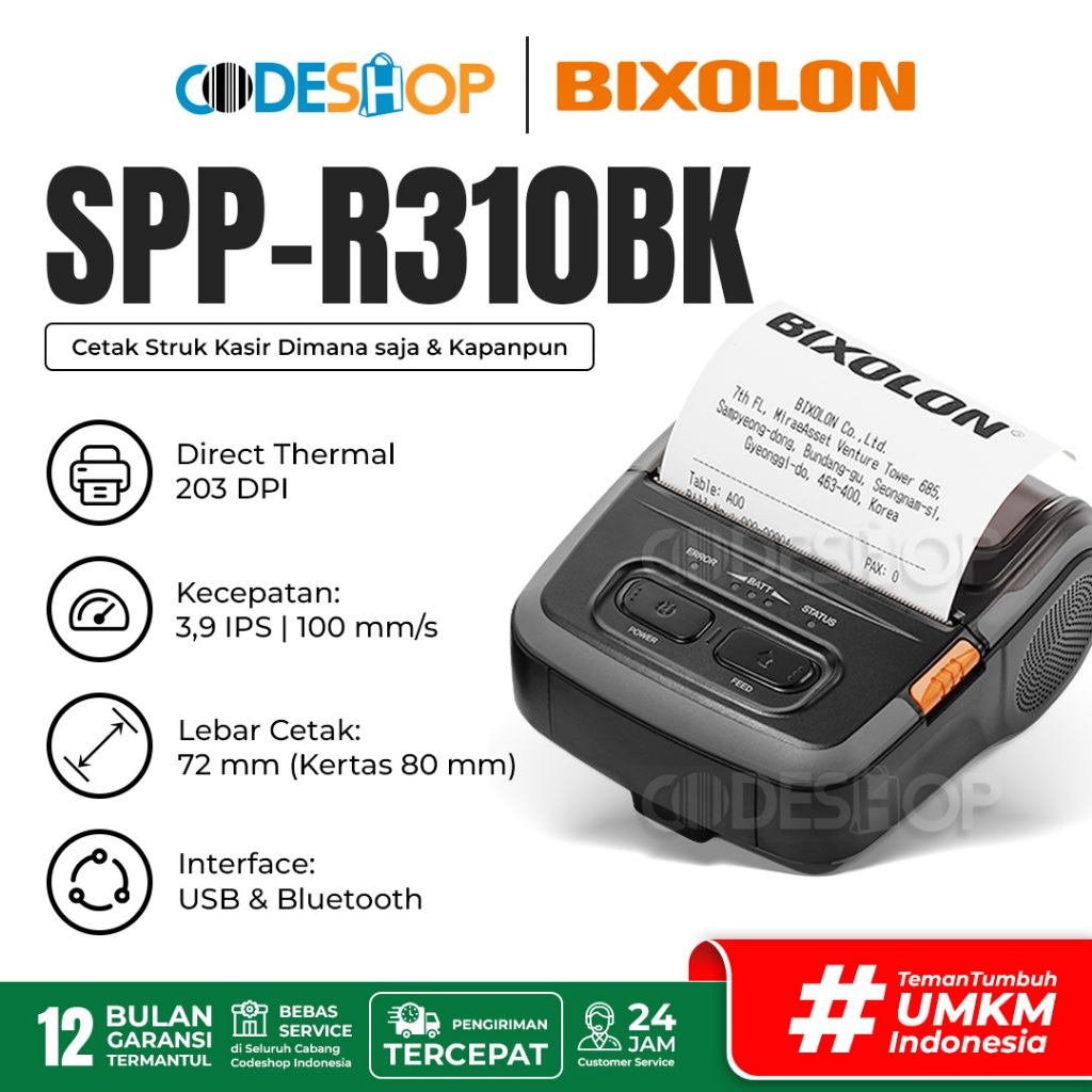 Bixolon Mobile Printer Kasir SPP-R310BK Cetak Struk Thermal 80mm Bluetooth Portable