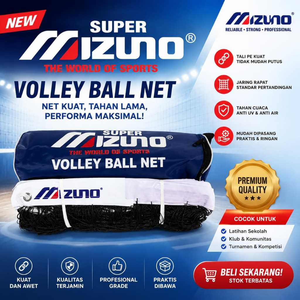 Jaring Net Voli Mizuno Super Voly Volley voli Sling Baja Bahan Tebal Standard Lapangan