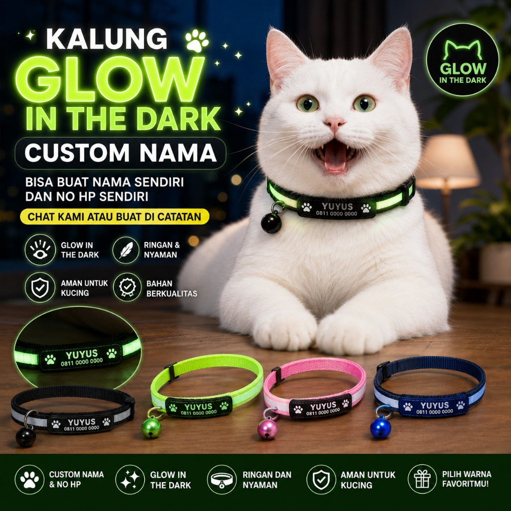 Kalung Kucing Glow In The Dark Custom Nama, Ringan, Aman, Bahan Berkualitas, Pilihan Warna