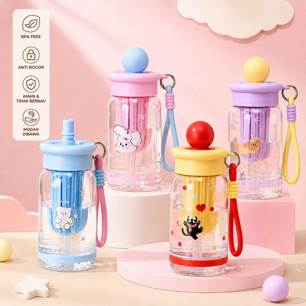 Botol Minum Infuser Anak 600ml Karakter Beruang BPA Free Leak Proof dengan Tali Gantung