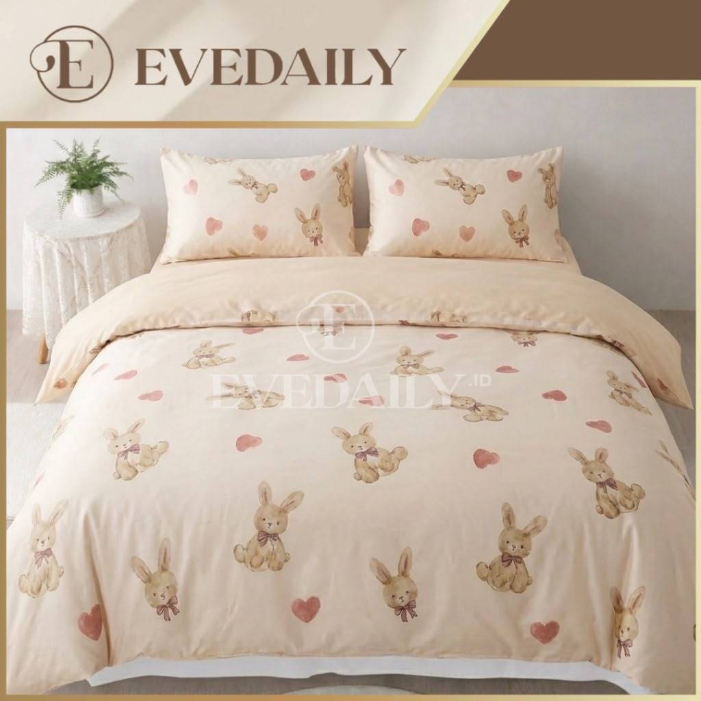 Bed Cover Set Bunny Love Mix Khaki - 90x200 - 200x200 - Evedaily
