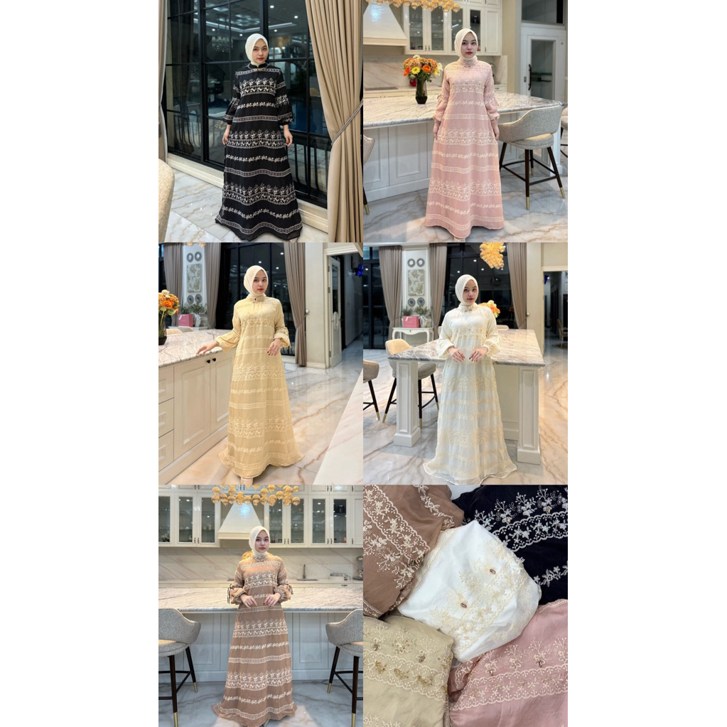 Gamis Malaysia organza milky bordir mix Marbella twill + fayet Model rerliting belakang  tangan ada 