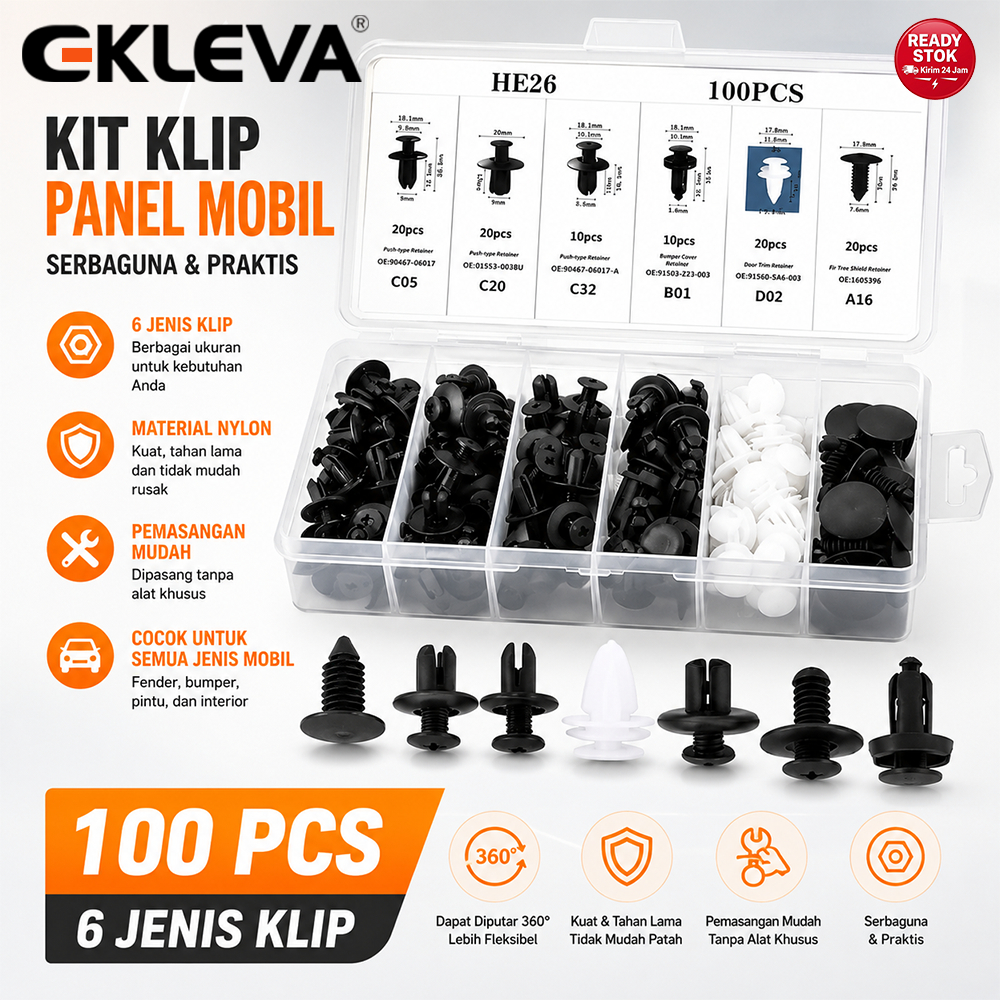 EKLEVA 100PCS Klip Plastik Mobil Universal Sekrup Ekspansi Serbaguna